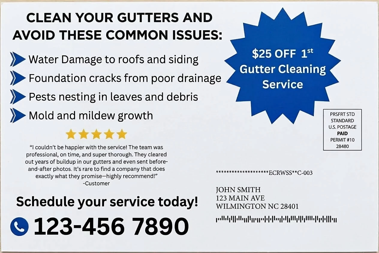 Direct Mail Marketing For Gutter Cleaning Services — postcard back